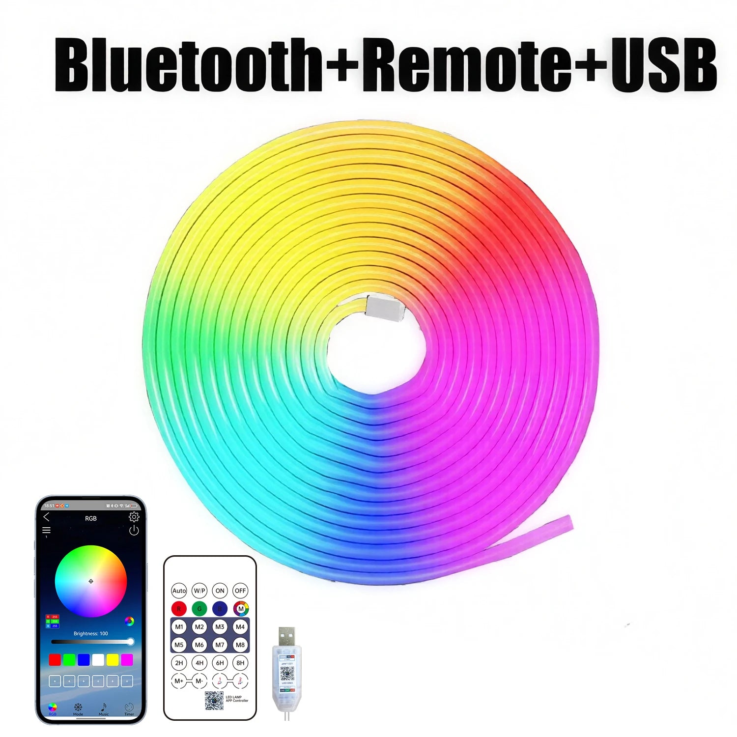 RGB Neon Rope Light 5V USB Flexible Strip 1m-10m IP65 Waterproof with Bluetooth Remote & Music Sync for Home Party Decor