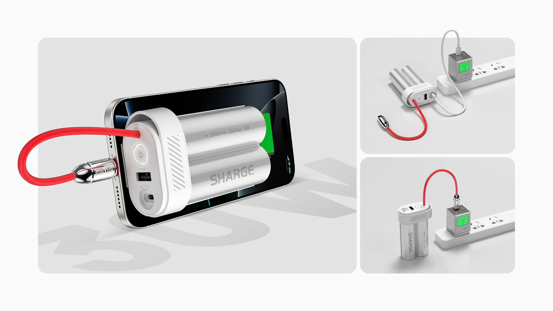 SHARGE Pouch Mini Power Bank 10000mAh 30W Portable Charger with Built-in Type C Cable USB-C and USB-A Port Battery Pack