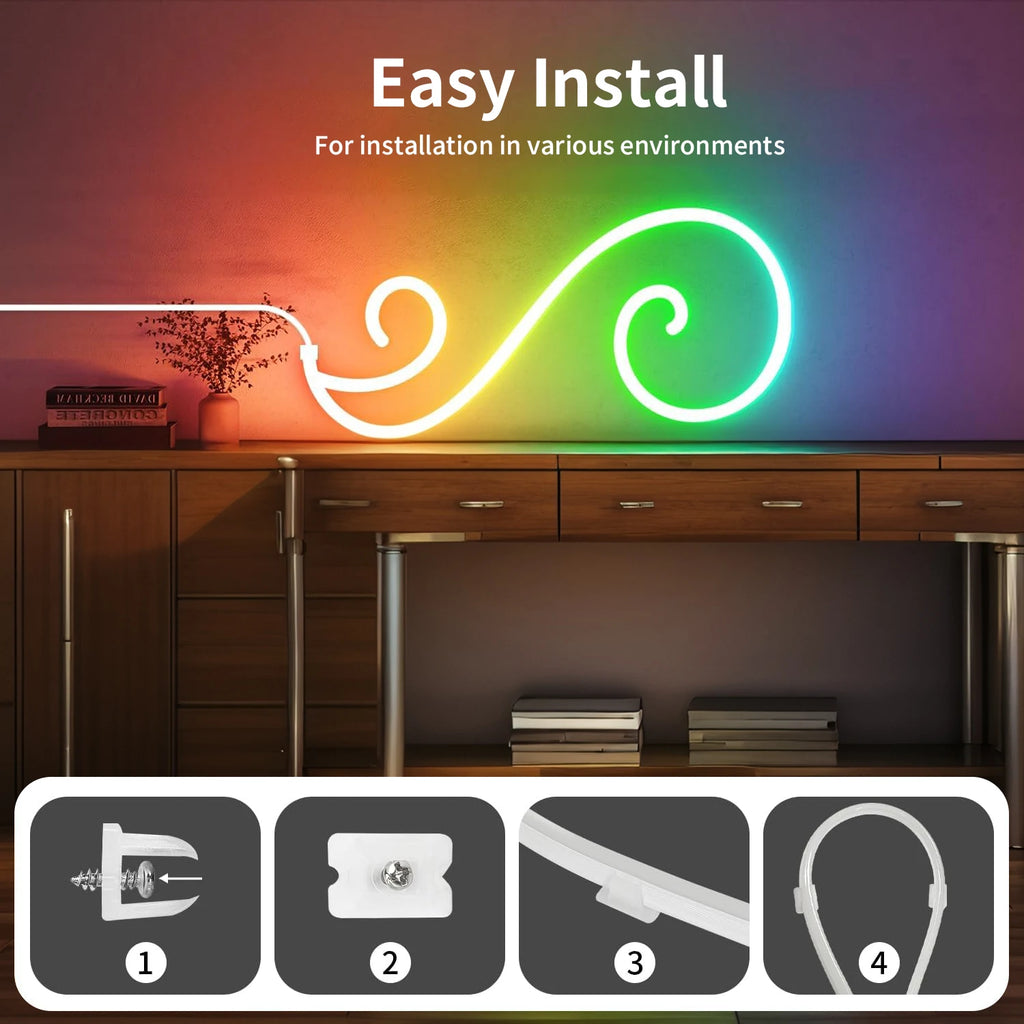 RGB Neon Rope Light 5V USB Flexible Strip 1m-10m IP65 Waterproof with Bluetooth Remote & Music Sync for Home Party Decor
