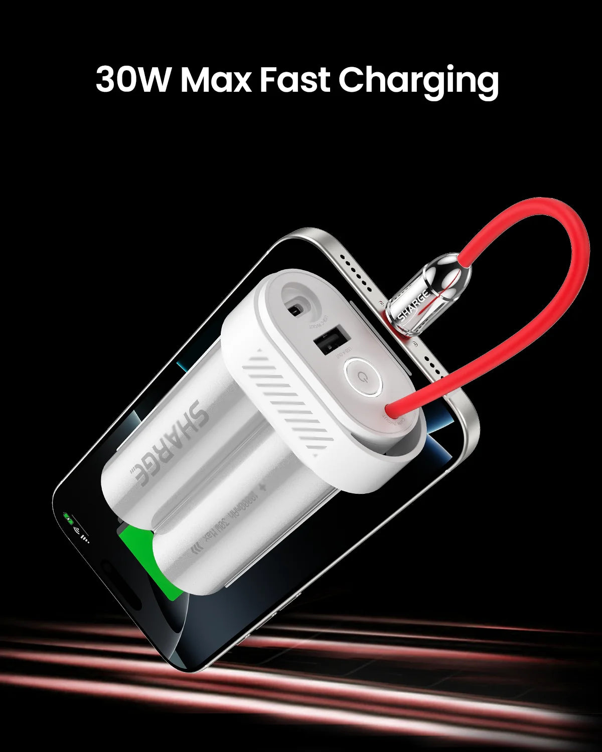 SHARGE Pouch Mini Power Bank 10000mAh 30W Portable Charger with Built-in Type C Cable USB-C and USB-A Port Battery Pack
