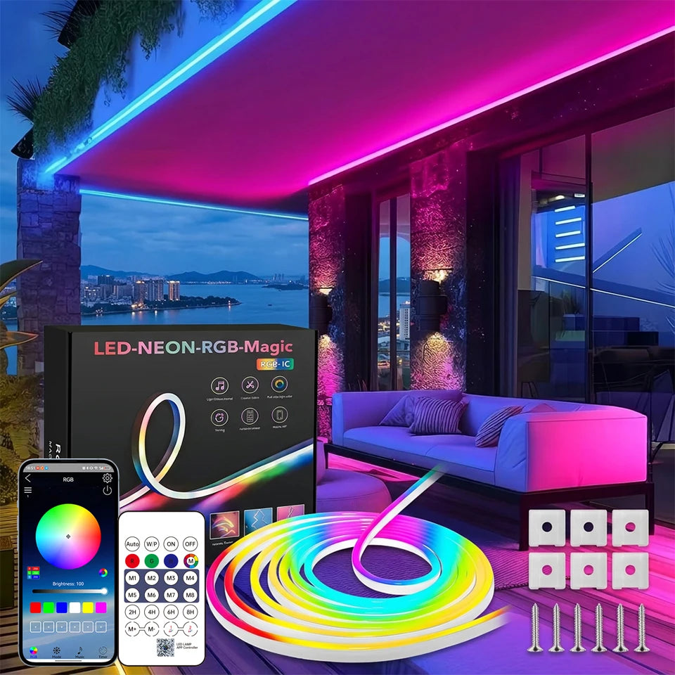 RGB Neon Rope Light 5V USB Flexible Strip 1m-10m IP65 Waterproof with Bluetooth Remote & Music Sync for Home Party Decor