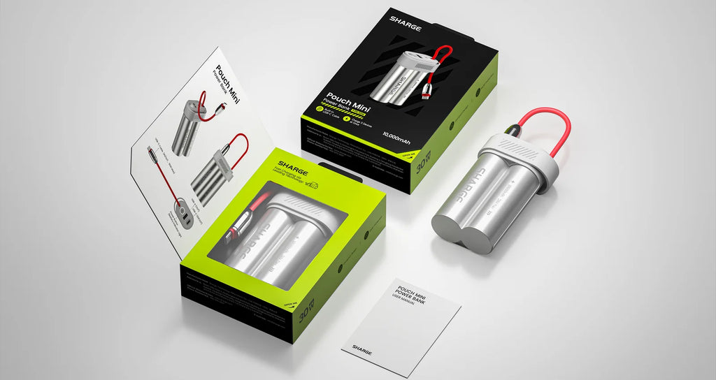 SHARGE Pouch Mini Power Bank 10000mAh 30W Portable Charger with Built-in Type C Cable USB-C and USB-A Port Battery Pack