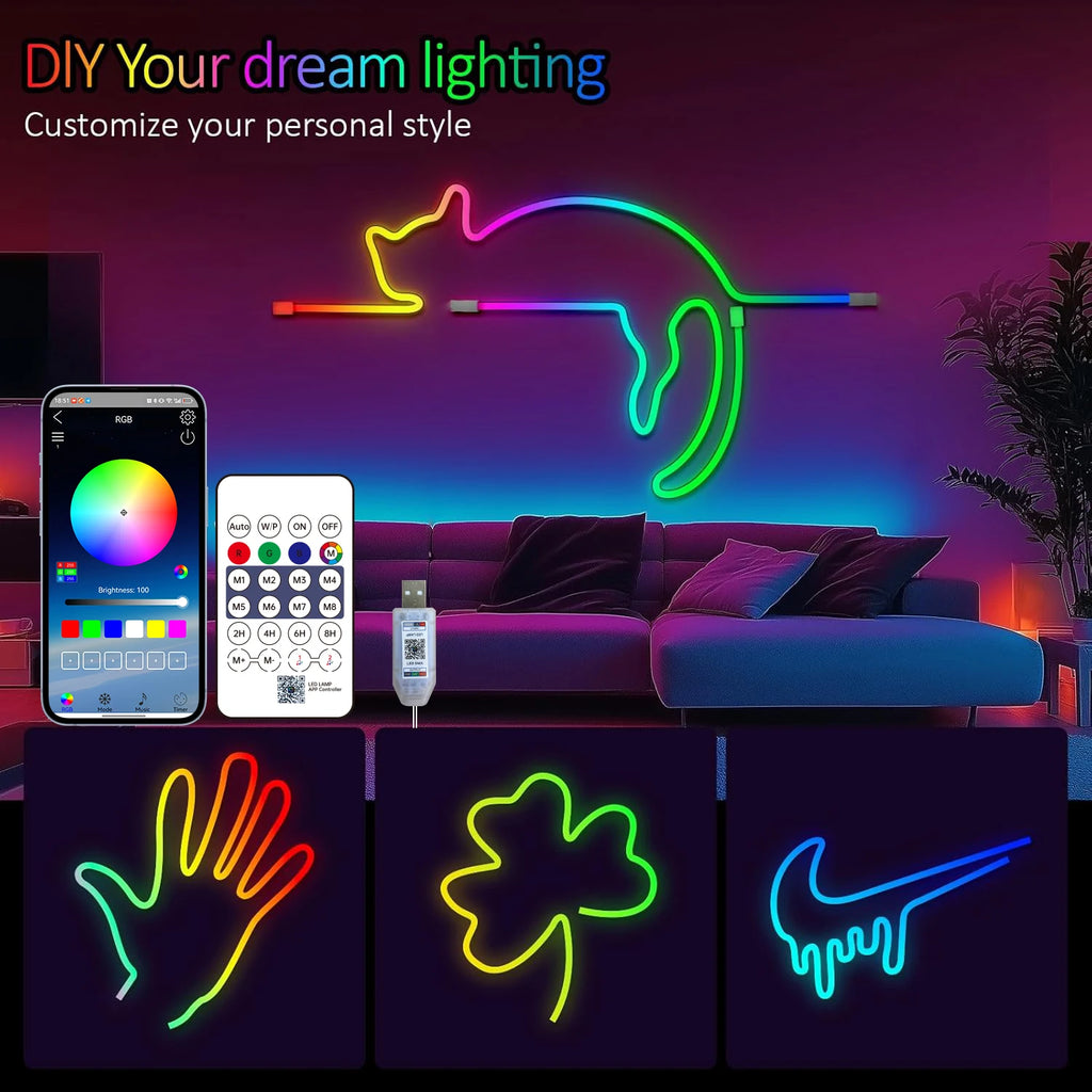 RGB Neon Rope Light 5V USB Flexible Strip 1m-10m IP65 Waterproof with Bluetooth Remote & Music Sync for Home Party Decor