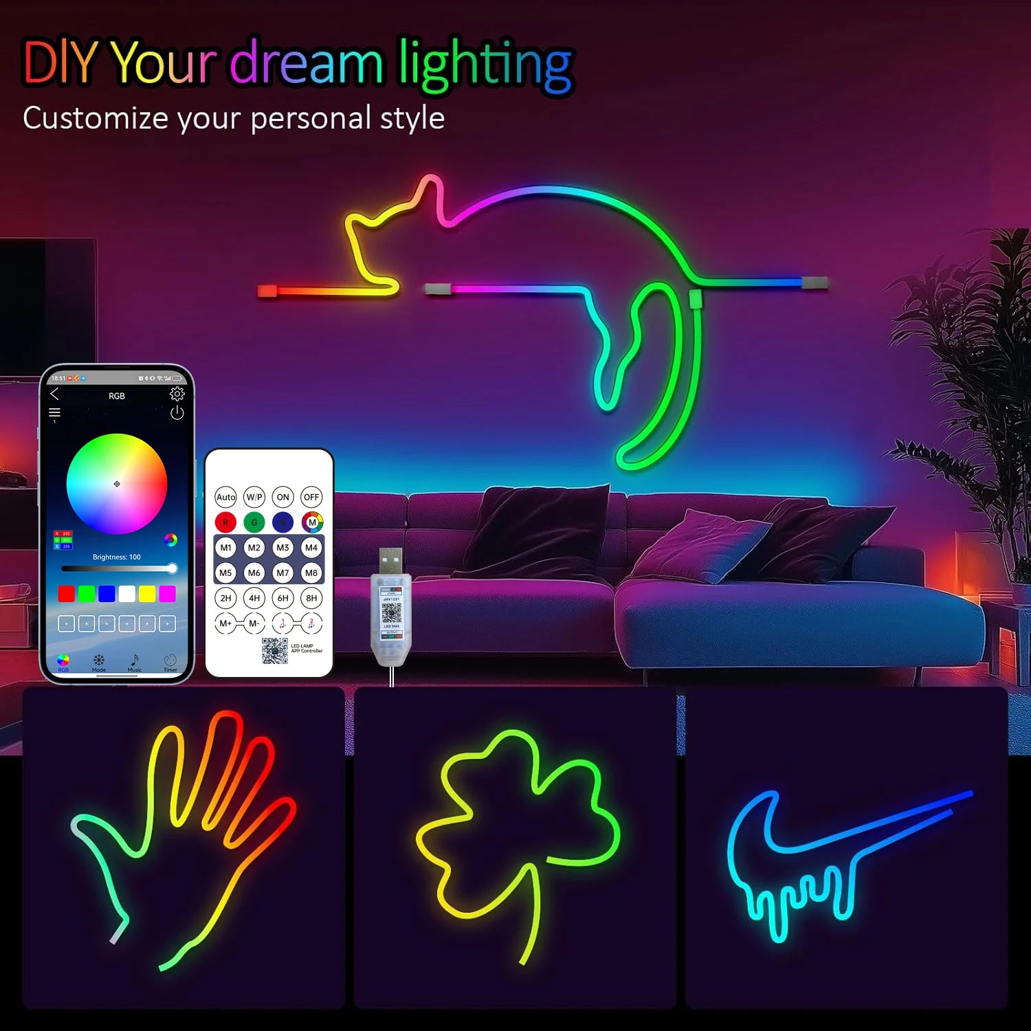 RGB Neon Rope Light 5V USB Flexible Strip 1m-10m IP65 Waterproof with Bluetooth Remote & Music Sync for Home Party Decor