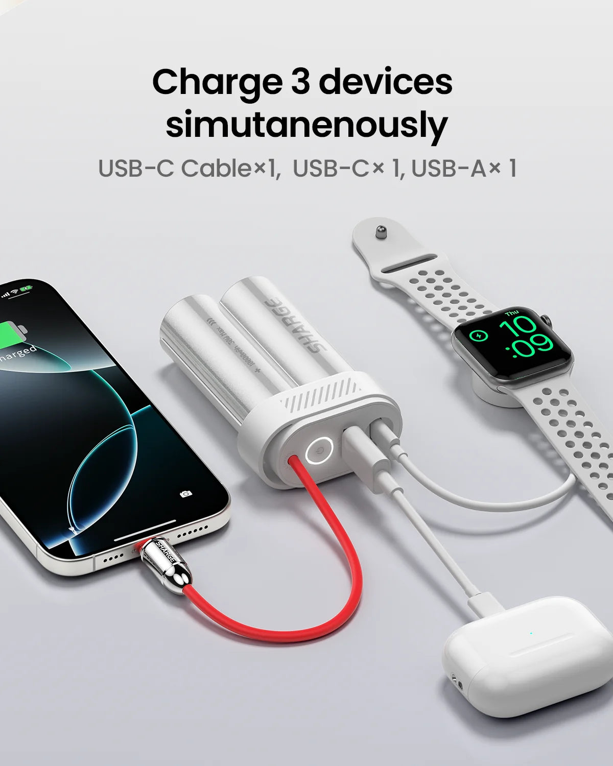 SHARGE Pouch Mini Power Bank 10000mAh 30W Portable Charger with Built-in Type C Cable USB-C and USB-A Port Battery Pack