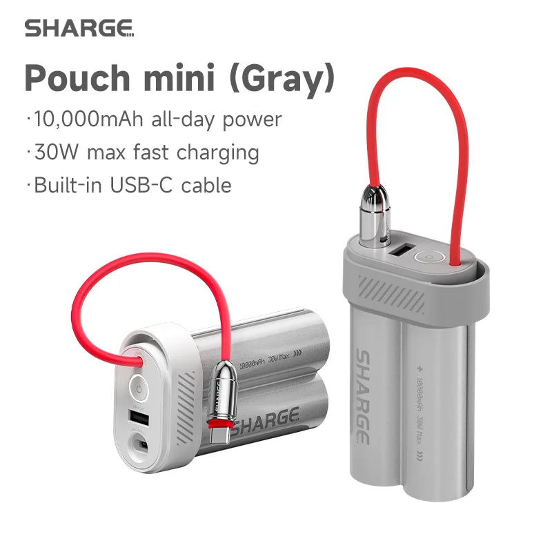 SHARGE Pouch Mini Power Bank 10000mAh 30W Portable Charger with Built-in Type C Cable USB-C and USB-A Port Battery Pack