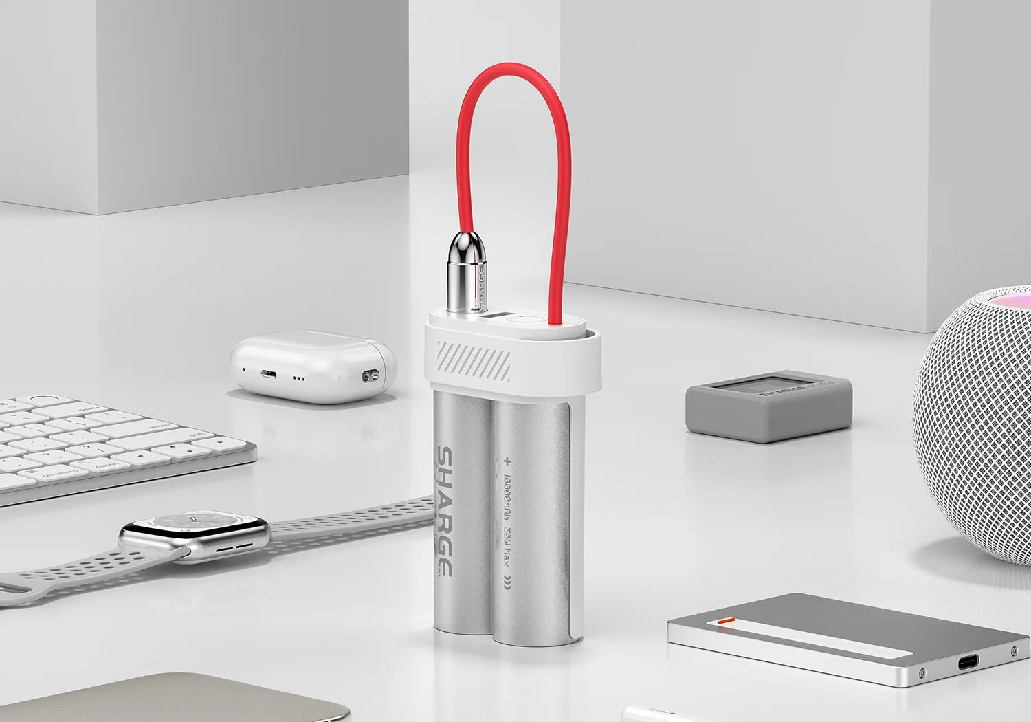 SHARGE Pouch Mini Power Bank 10000mAh 30W Portable Charger with Built-in Type C Cable USB-C and USB-A Port Battery Pack